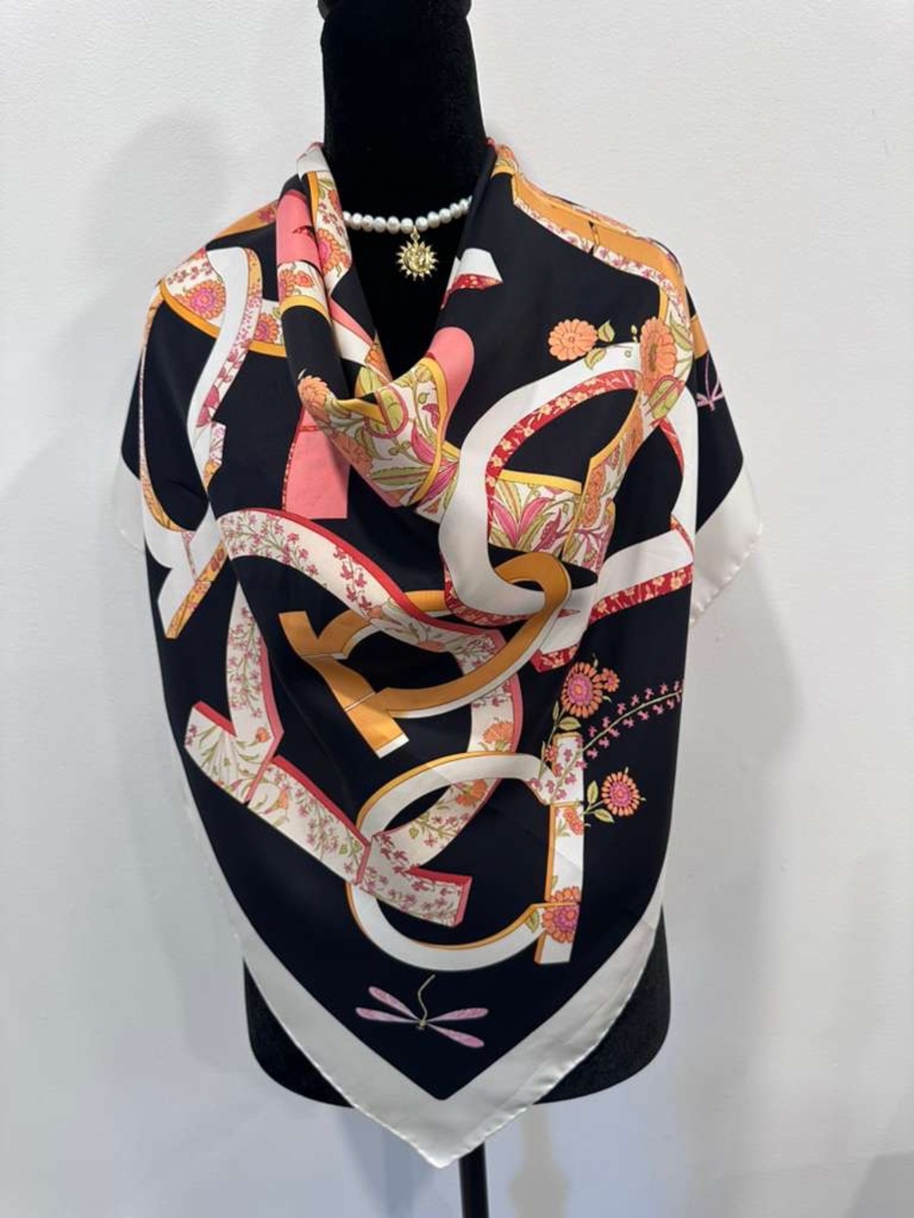 Silk-Feel Black and Pink Patterned Women's Scarf